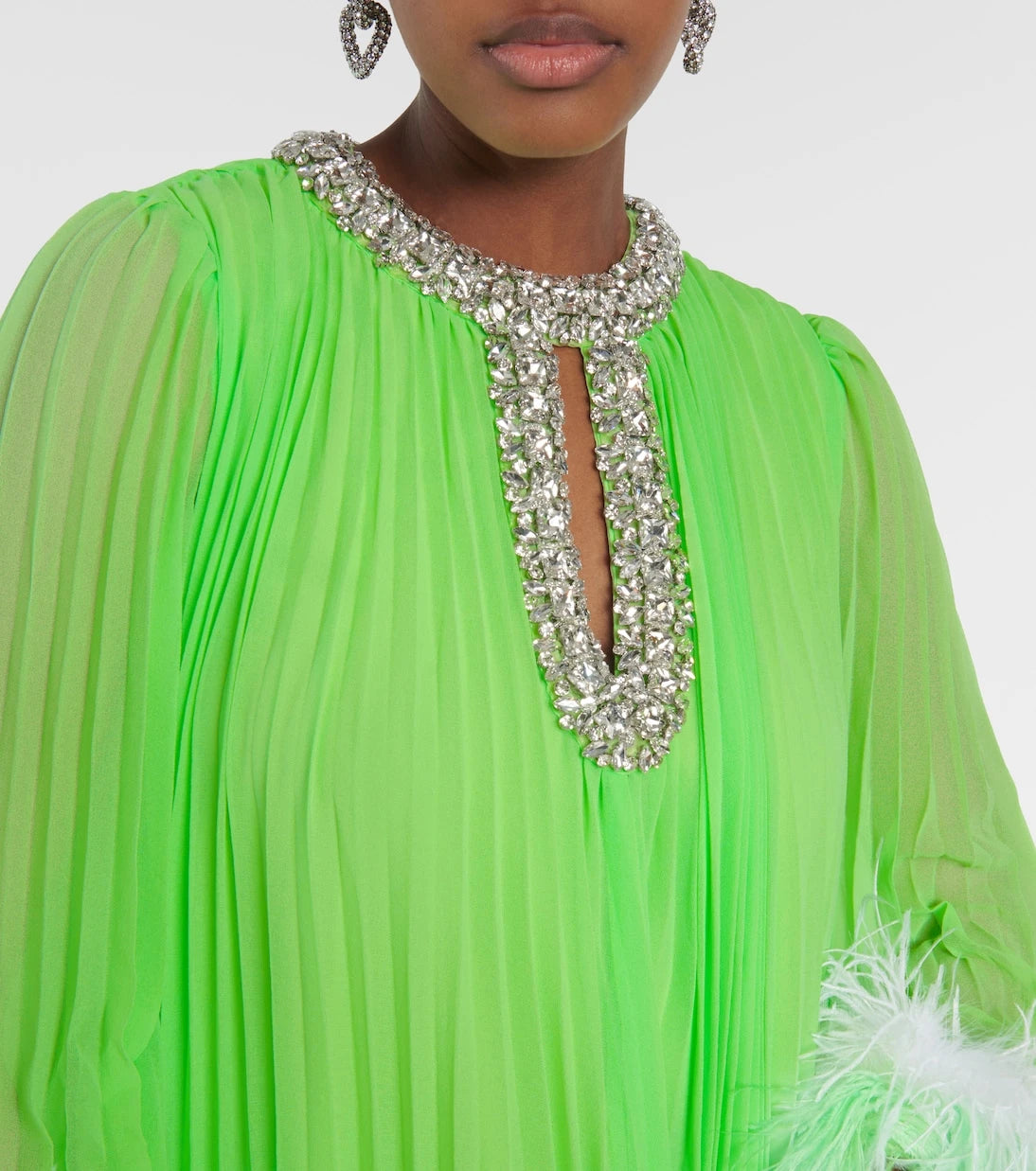 Self-Portrait - Pleated feather-trimmed chiffon gown