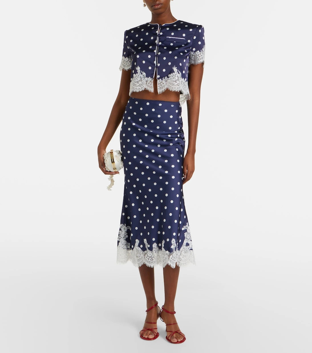 Self-Portrait - Lace-trimmed polka-dot satin crop top