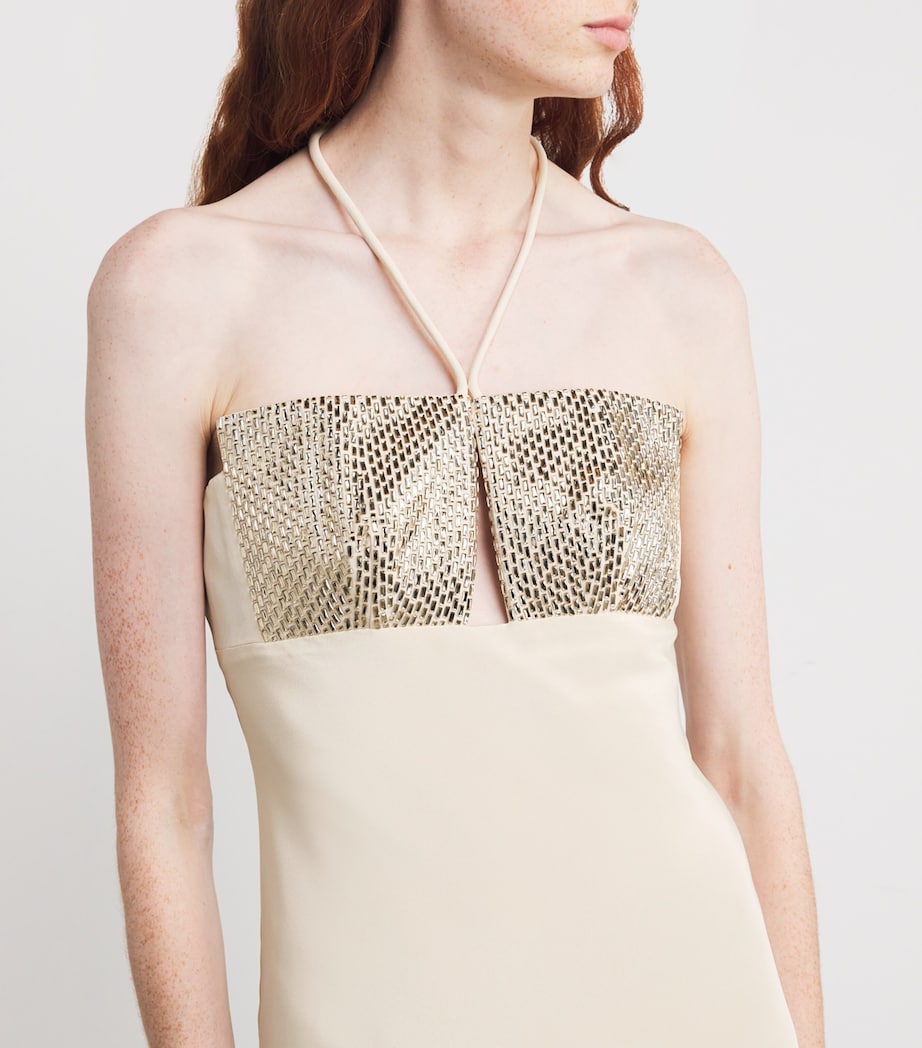 Roland Mouret Ivory Silk Embellished Halterneck Maxi Dress
