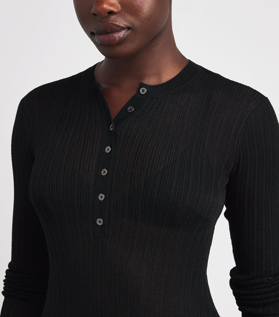 Skims Black Sheer Knit Henley Top