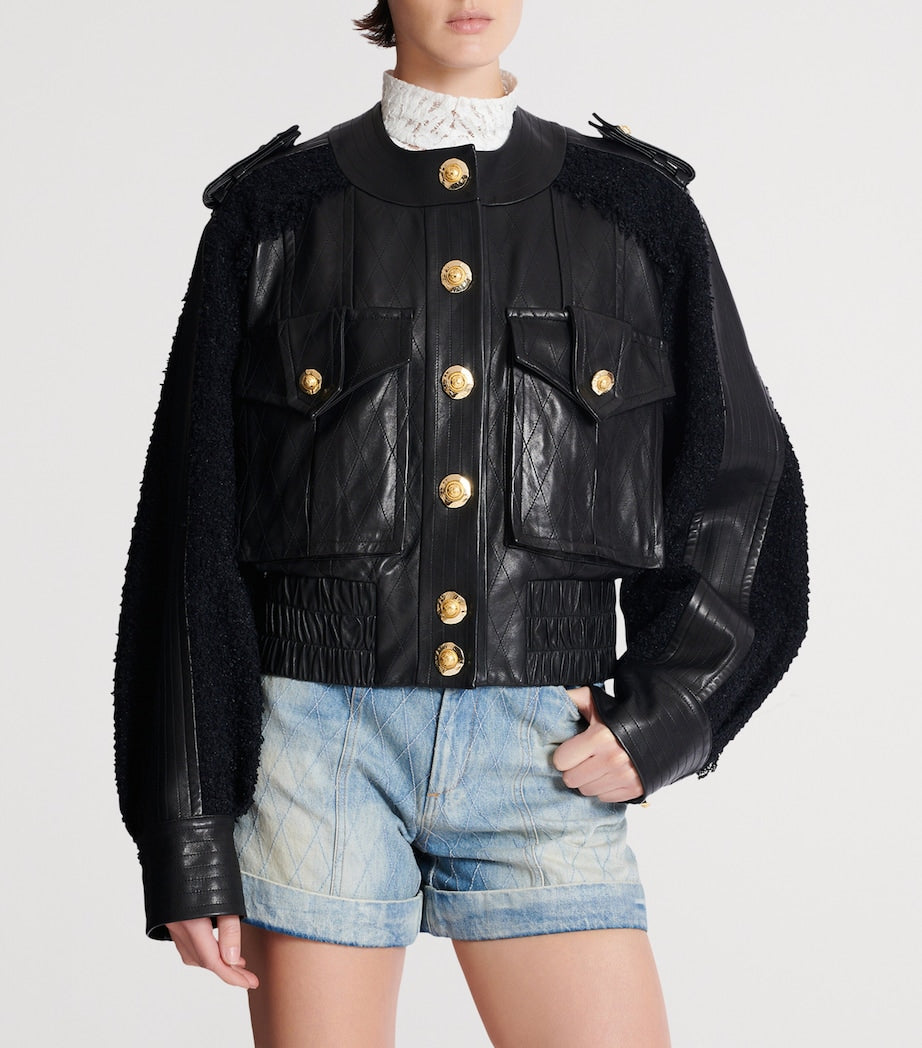 Black Tweed-Trim Leather Jacket