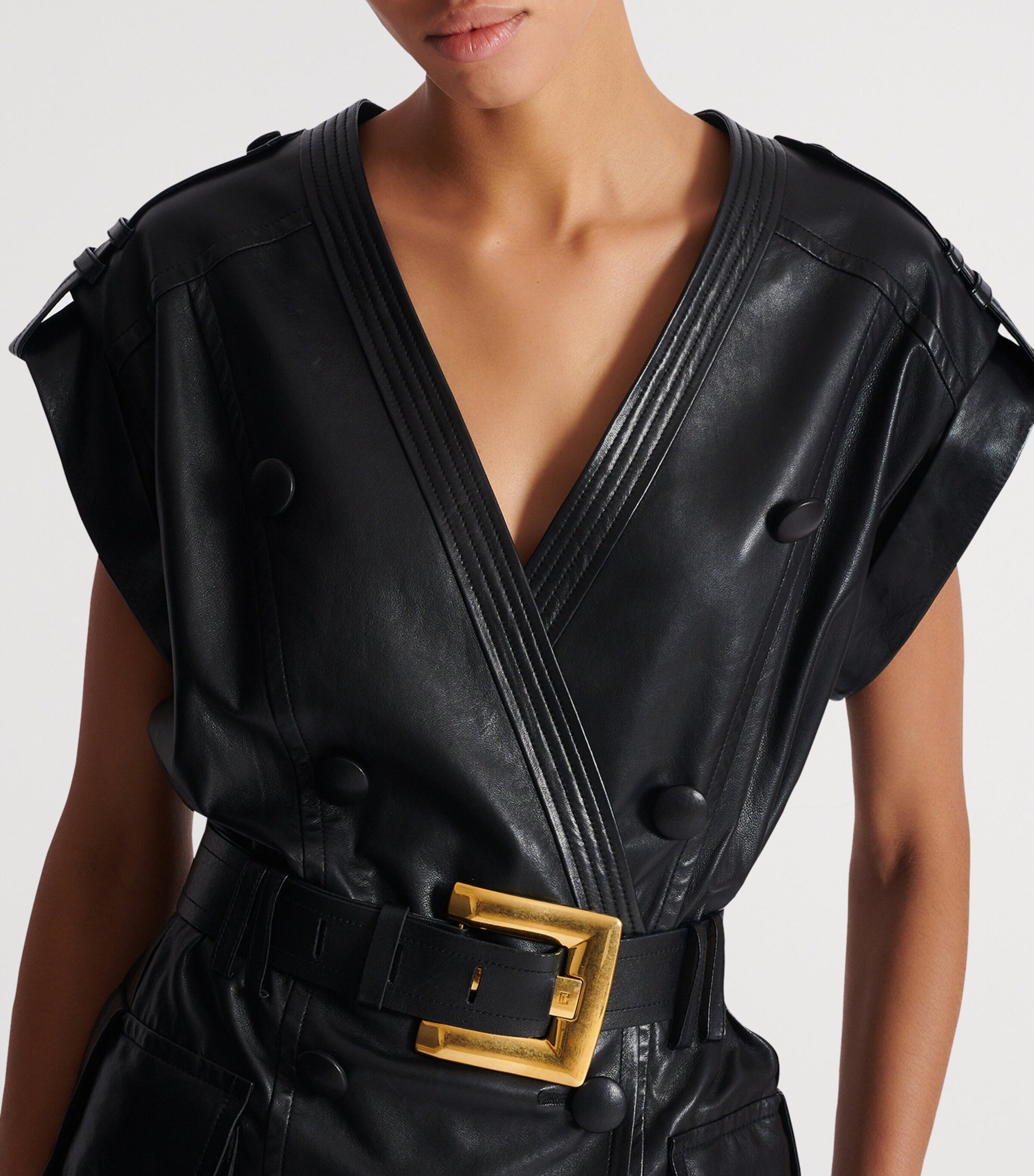 Balmain Black Leather Belted Mini Dress
