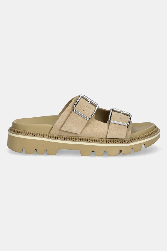 Велурени чехли Tommy Jeans DOUBLE STRAP SANDAL SUEDE