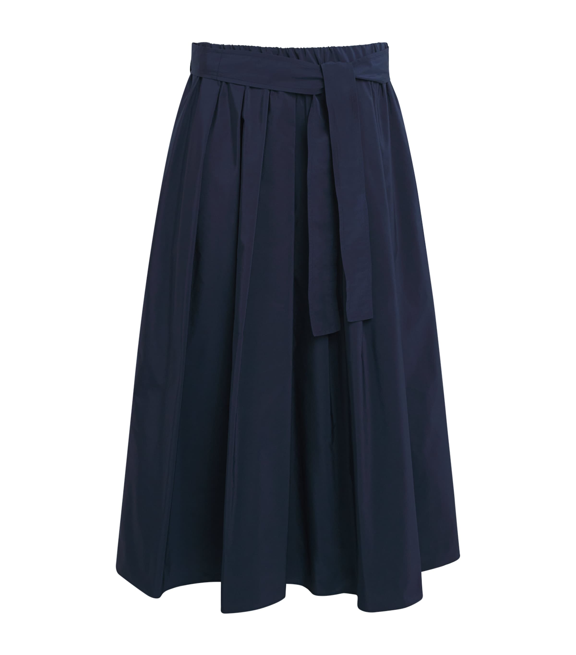 Blue Taffeta Tie-Belt Midi Skirt