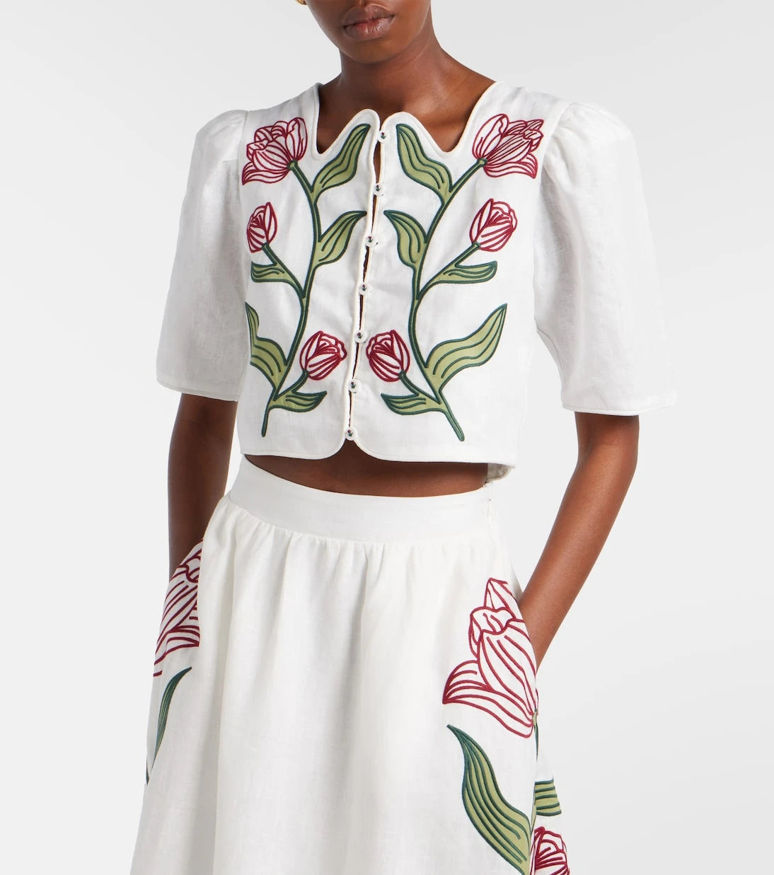 Farm Rio - Embroidered cropped linen shirt