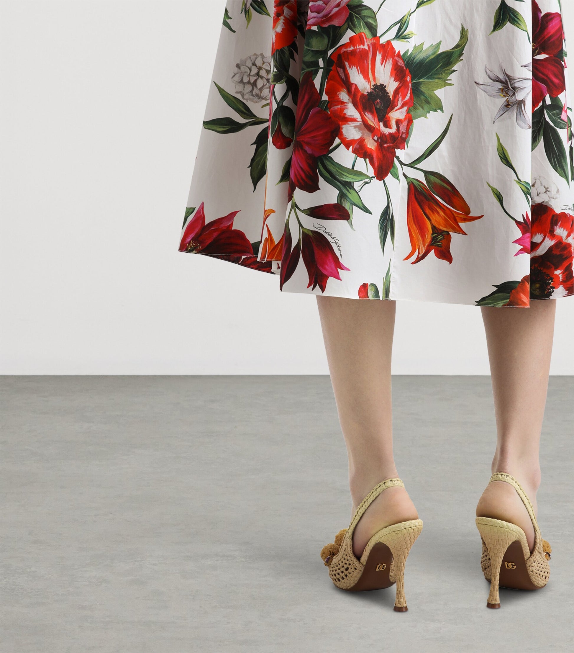 Multi Cotton Poplin Pleated Floral Print Midi Skirt