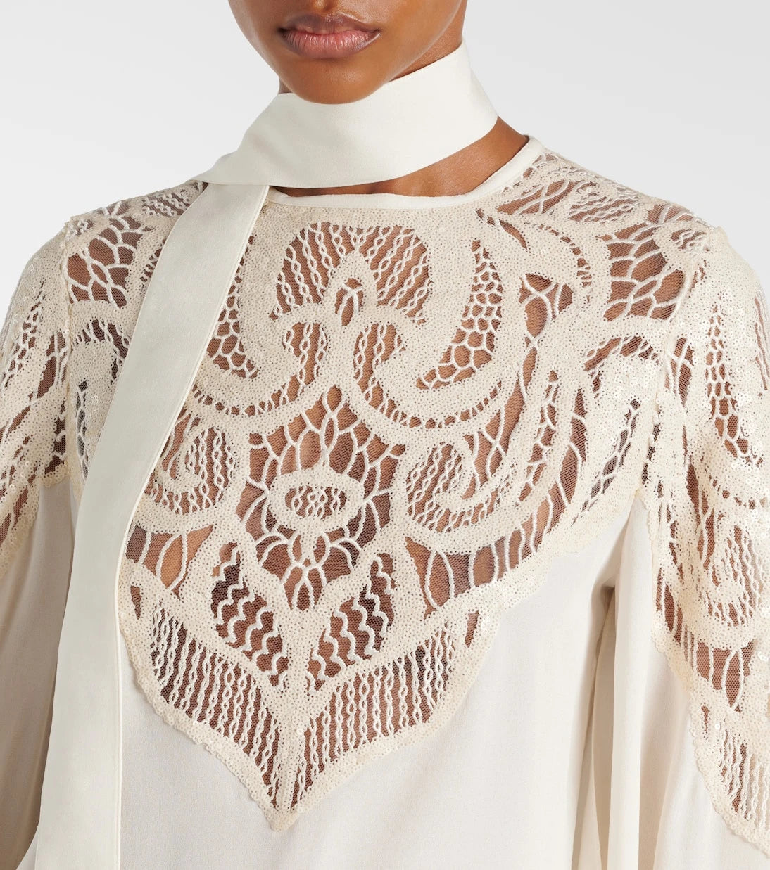 Elie Saab - Lace-trimmed tie-neck georgette blouse