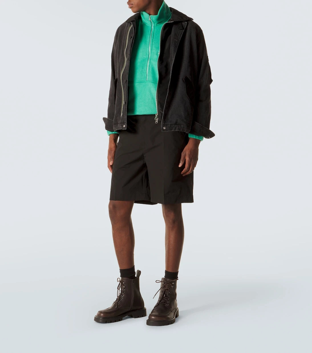 Moncler - Leather-trimmed seersucker shorts