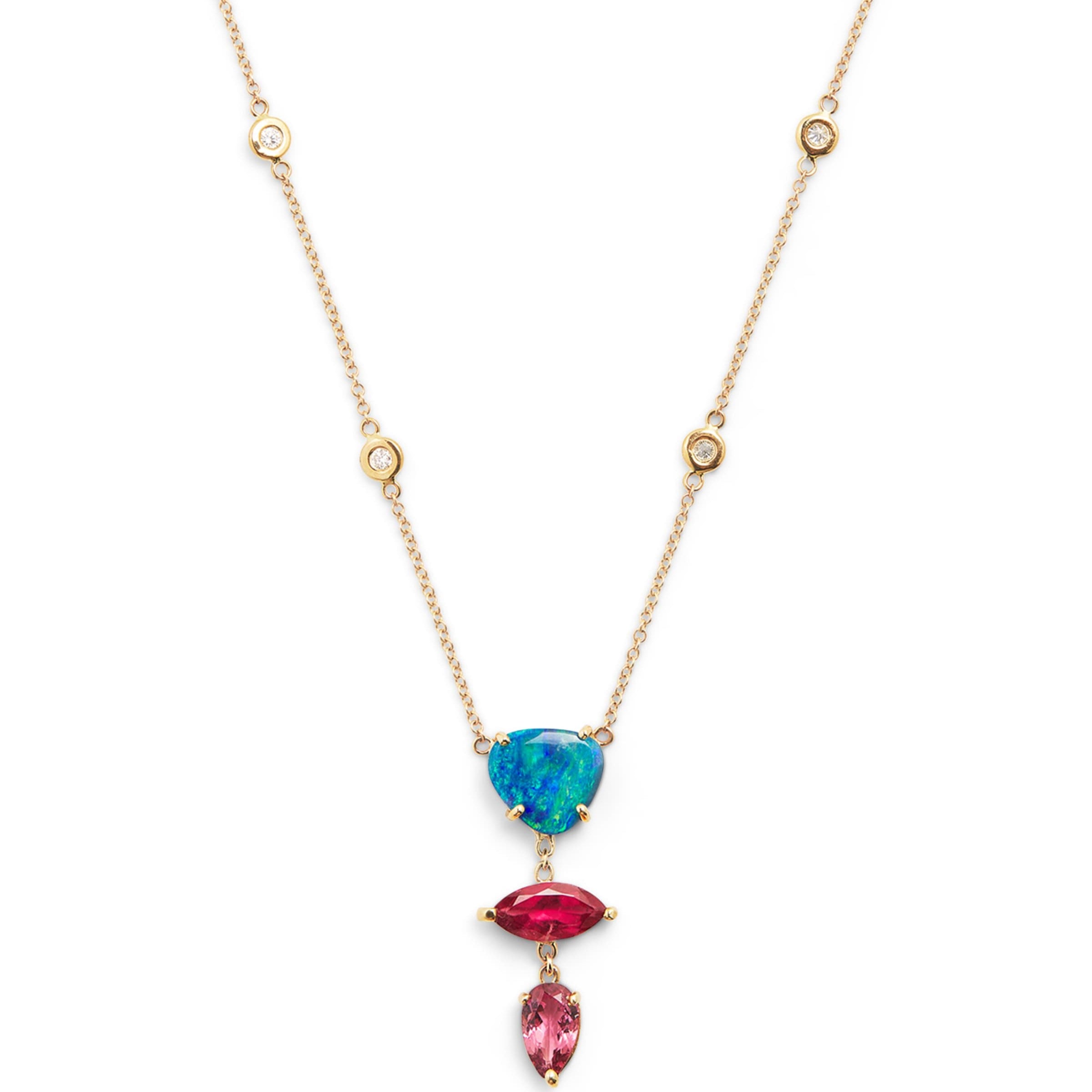 Yellow Gold, Diamond, Tourmaline and Opal Freeform 4-Step Necklace