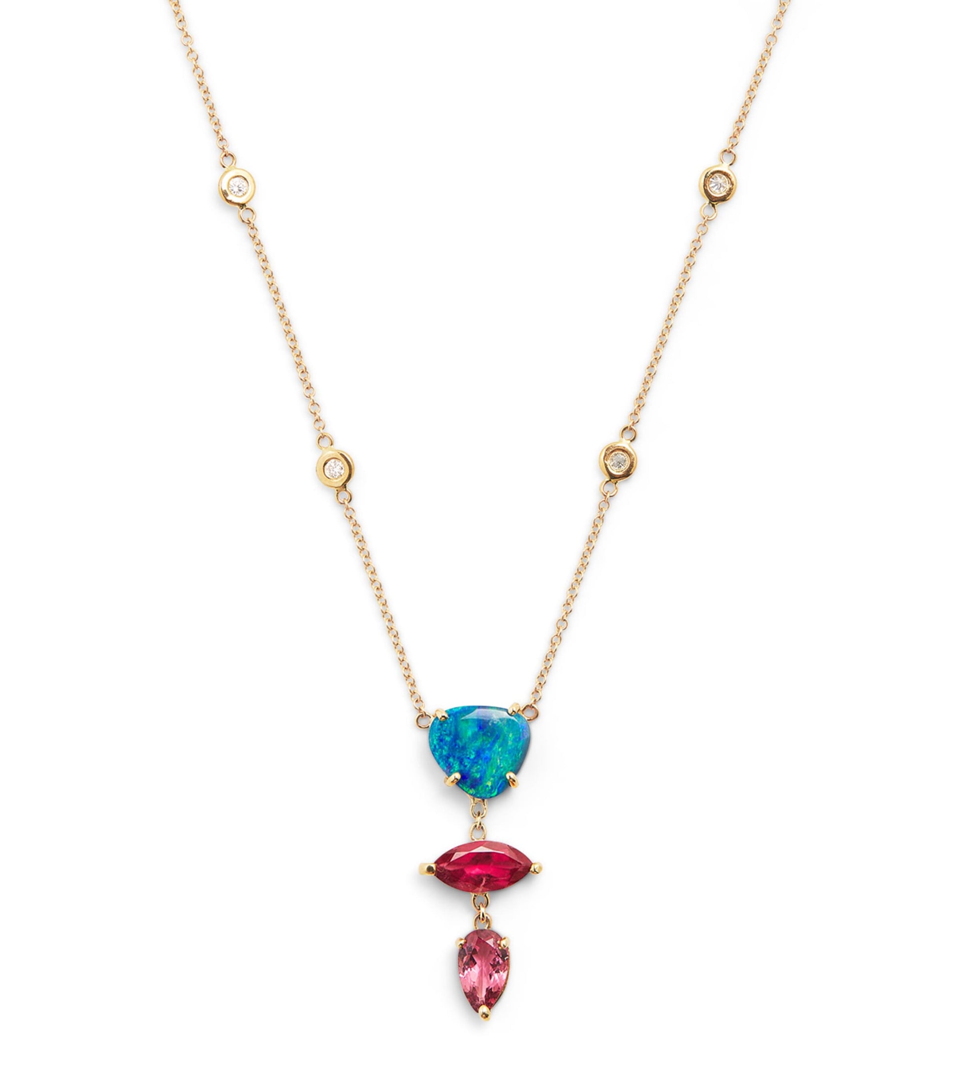 Yellow Gold, Diamond, Tourmaline and Opal Freeform 4-Step Necklace