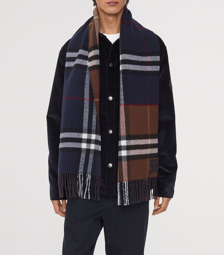 Burberry Blue Cashmere Contrast Check Scarf