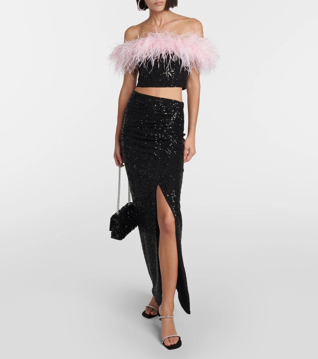 Self-Portrait - Feather-trimmed sequined crop top