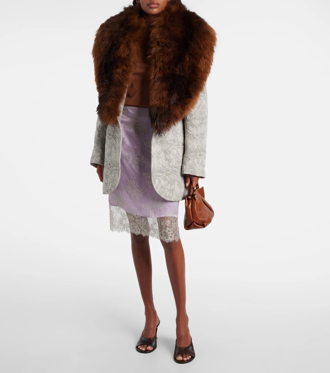 Jacques Wei - Embroidered leather-trimmed lace midi skirt