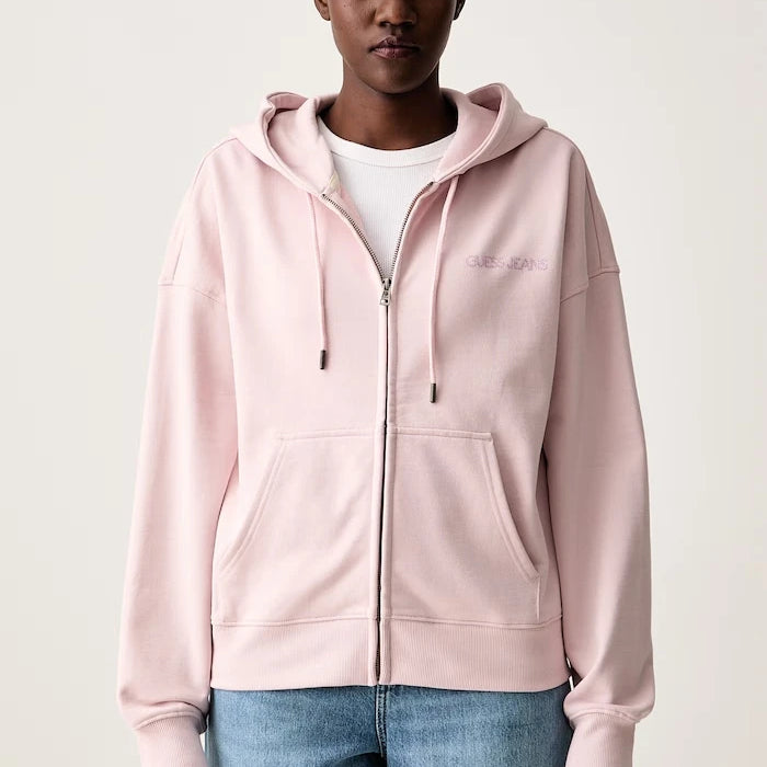 Guess Jeans fermuarlı kapüşonlu kadın pamuklu sweatshirt