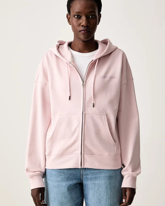 Guess Jeans fermuarlı kapüşonlu kadın pamuklu sweatshirt