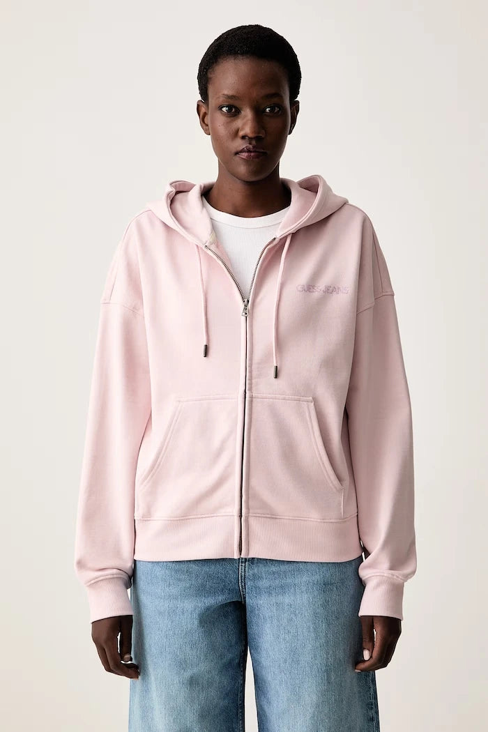 Guess Jeans fermuarlı kapüşonlu kadın pamuklu sweatshirt