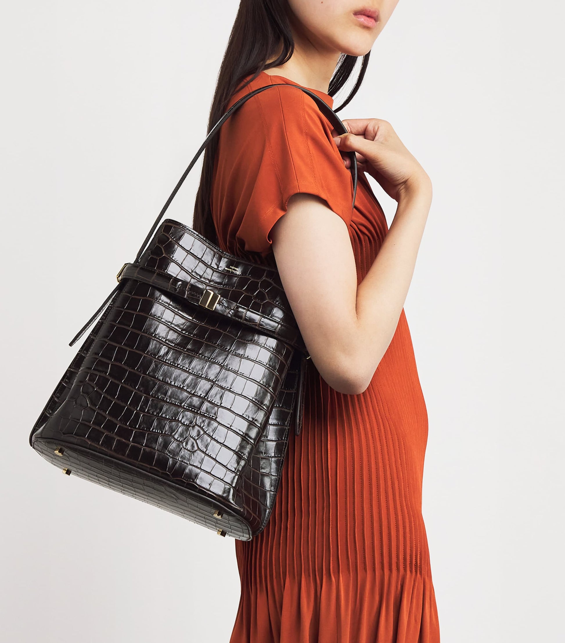 Toteme Brown Leather Croc-Embossed Bucket Shoulder Bag