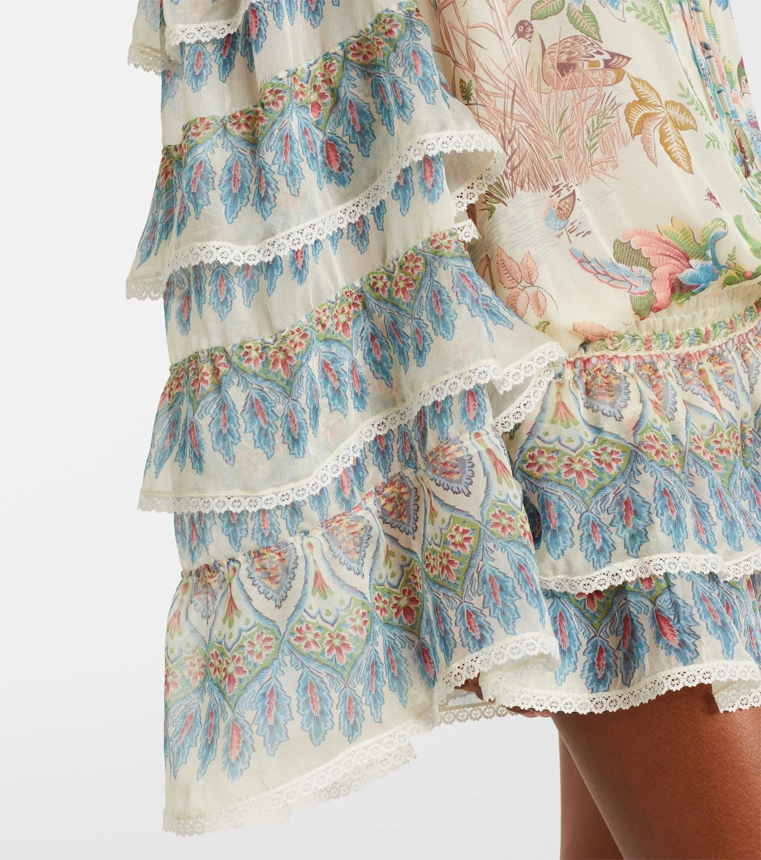 Etro - Printed ruffled lace-trimmed silk minidress