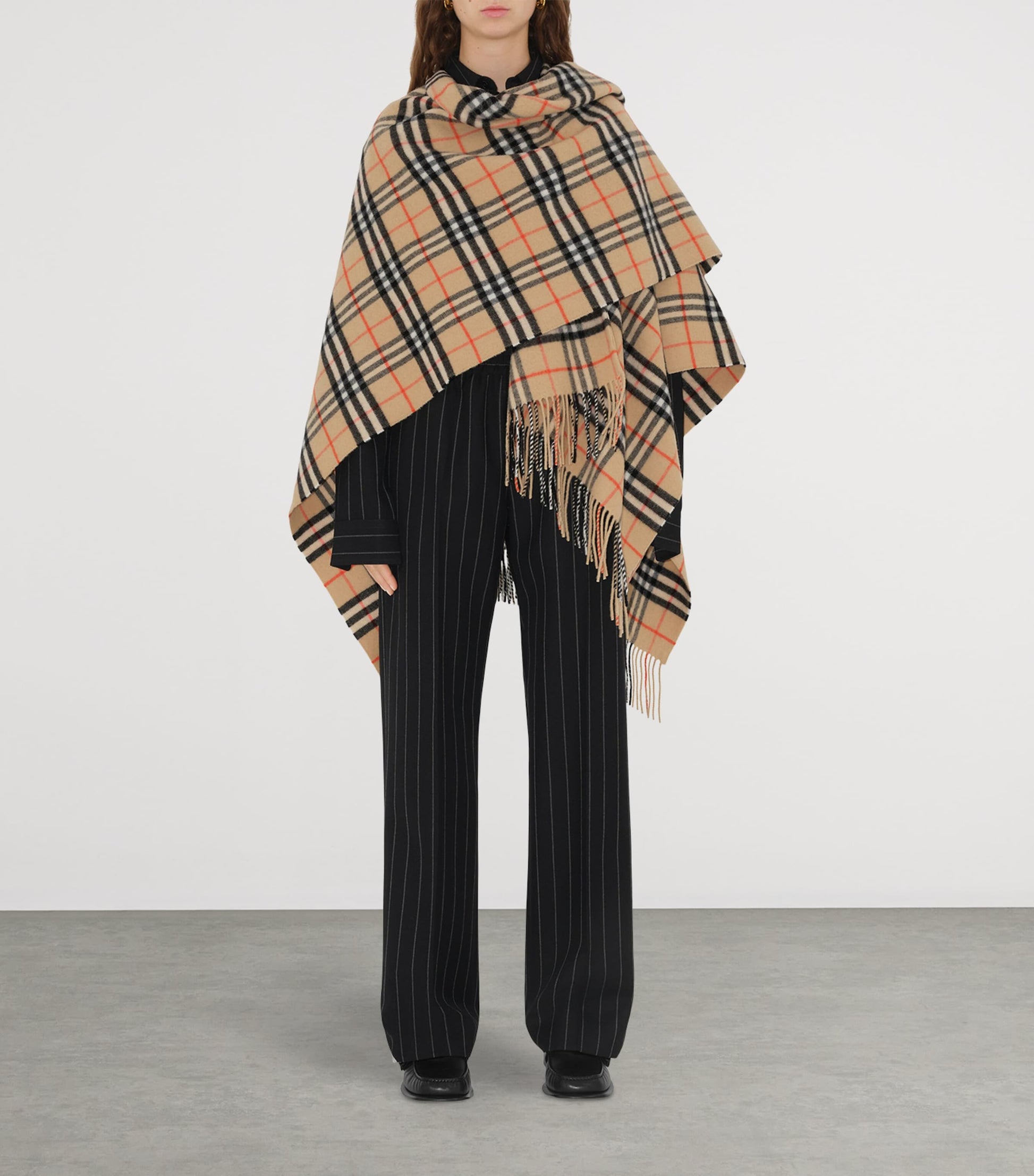 Beige Wool-Cashmere Check Cape