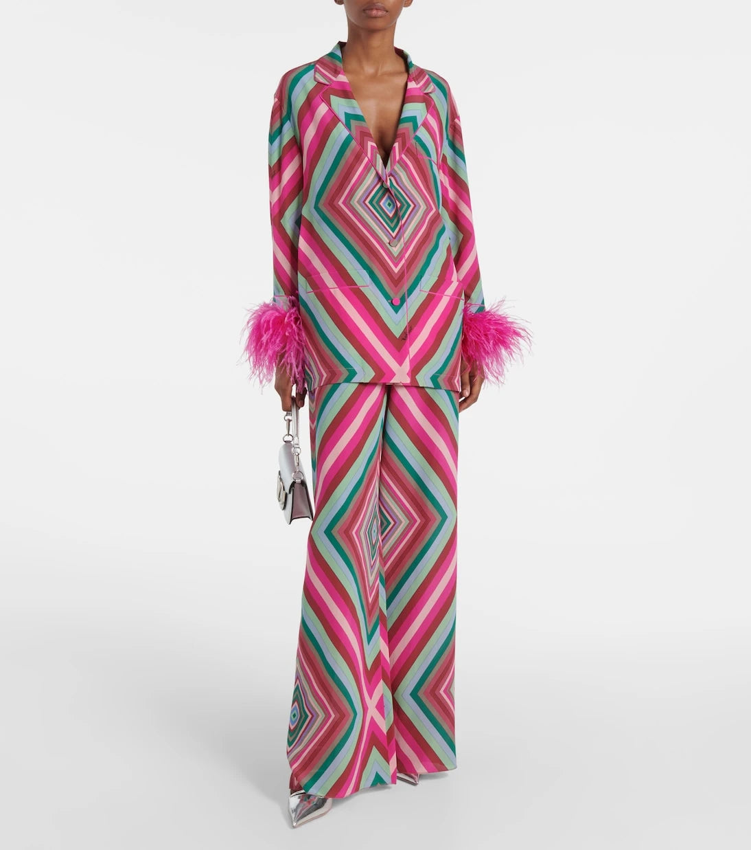 Valentino - Rhombus 75 feather-trimmed crêpe de chine top