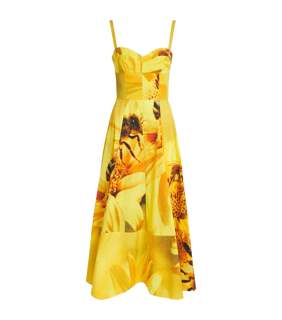 Tory Burch Yellow Stretch-Cotton Bee Midi Dress