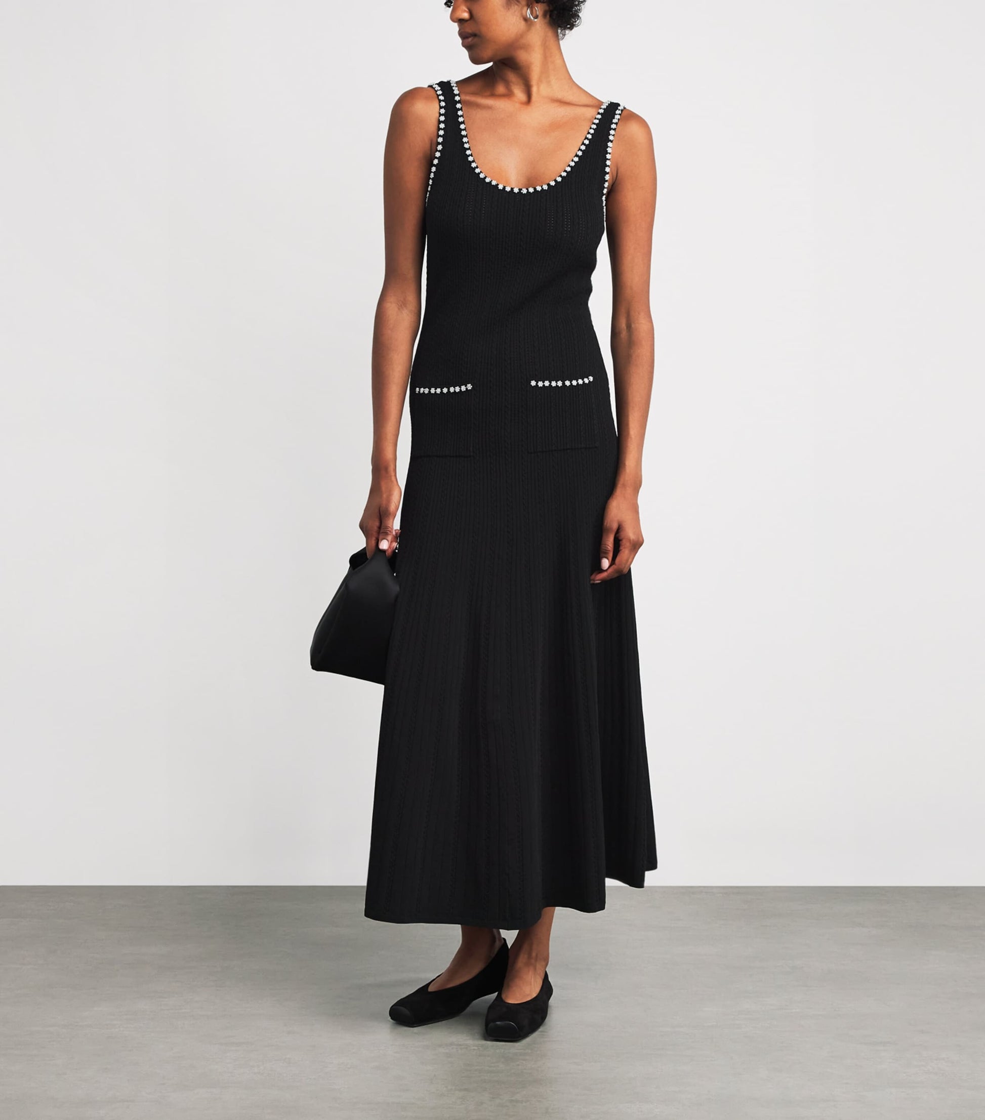 Black Knitted Pearl-Embellished Dress