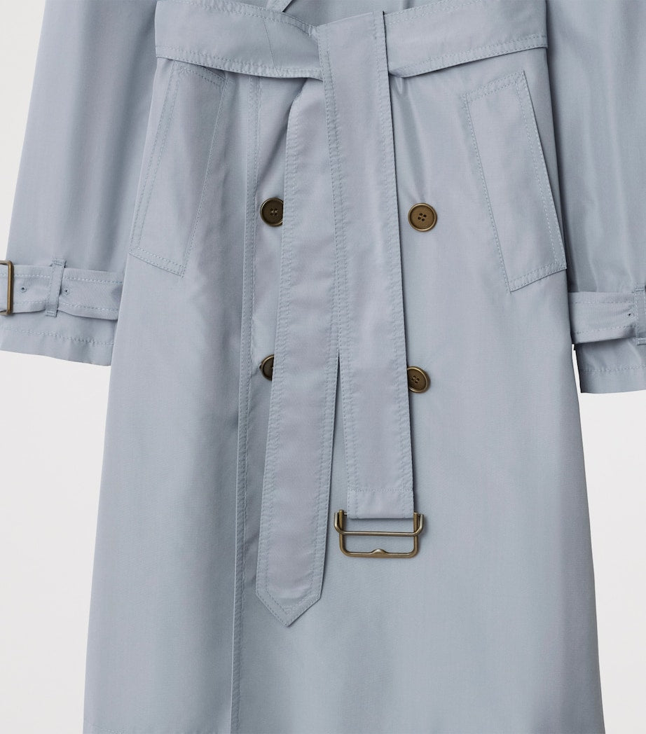 Blue Silk Poplin Long Trench Coat