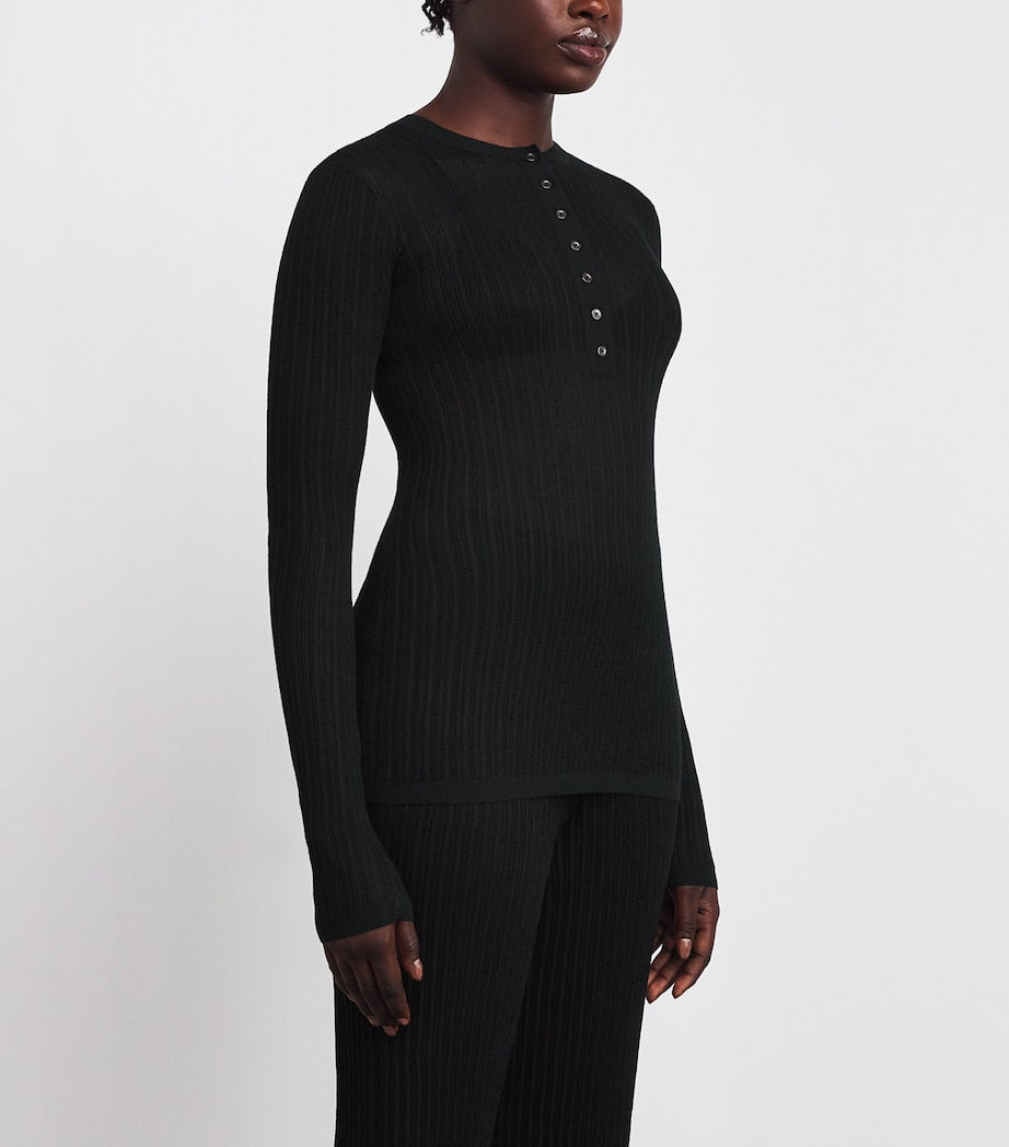 Skims Black Sheer Knit Henley Top