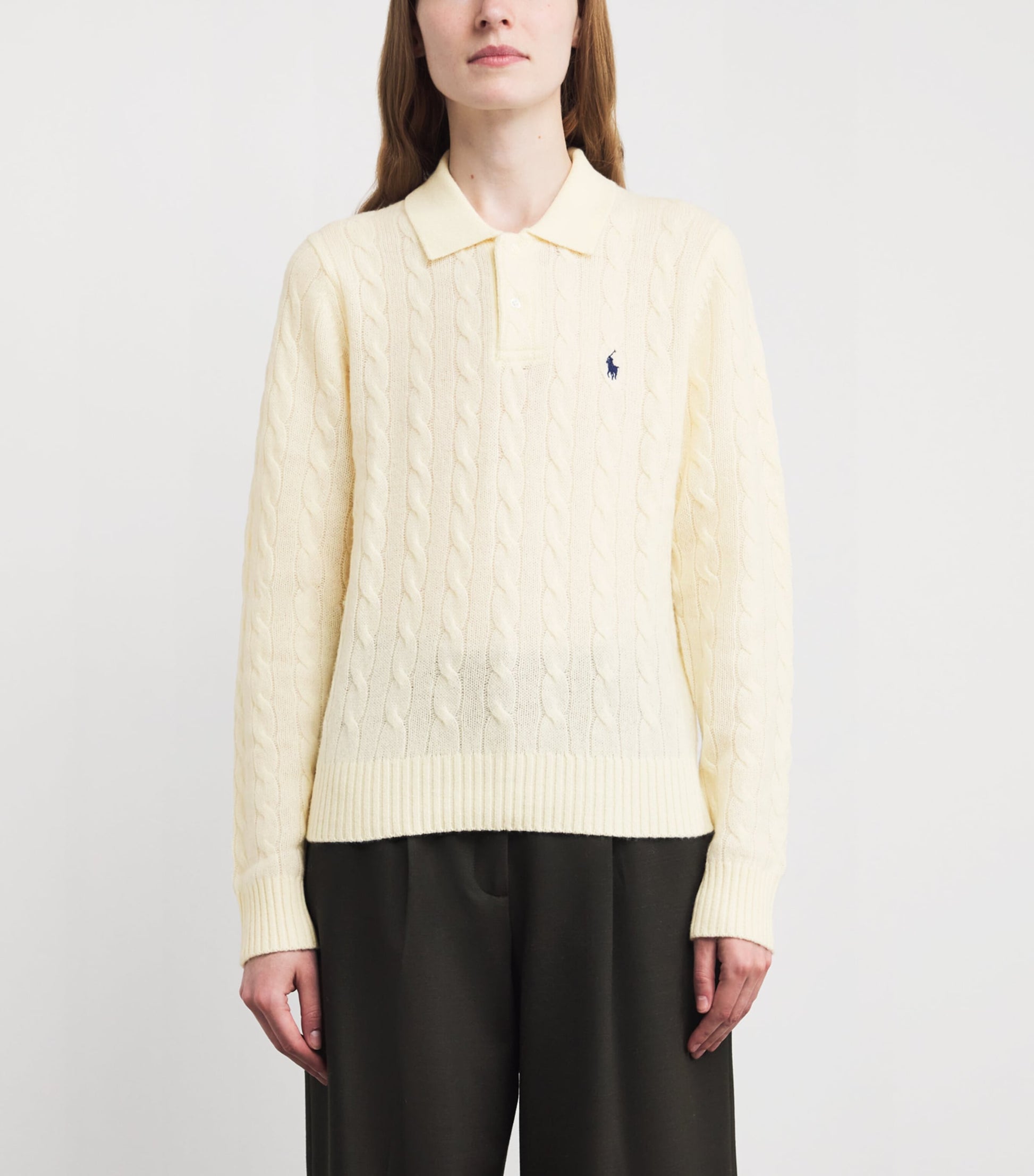 Ivory Wool-Cashmere Cable-Knit Polo Sweater