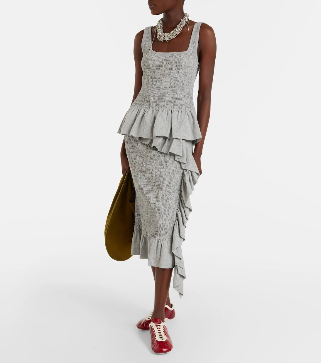 Dries Van Noten - Ruffled smocked cotton midi skirt
