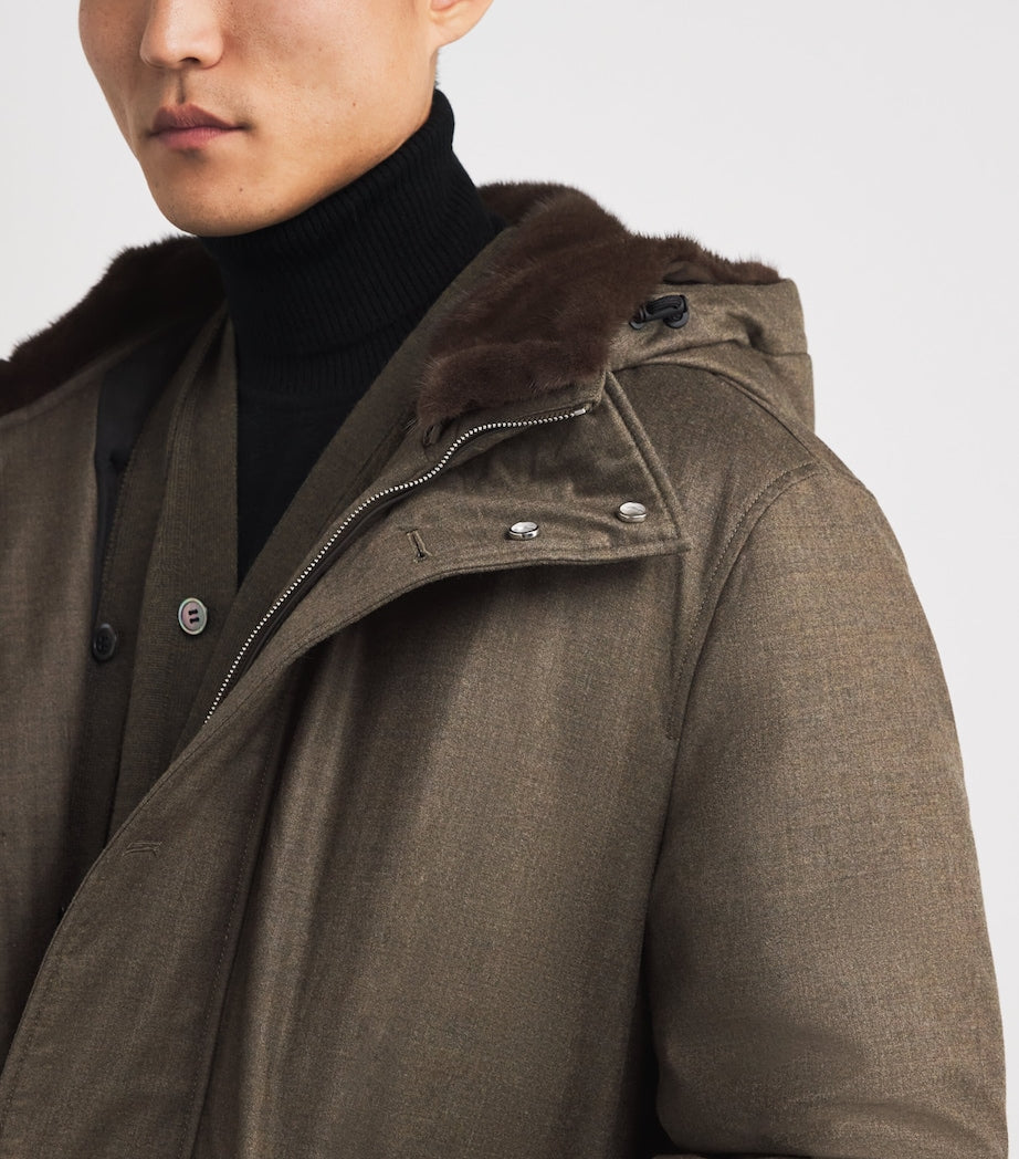 Yves Salomon Brown Wool-Silk Down Mink-Trim Parka