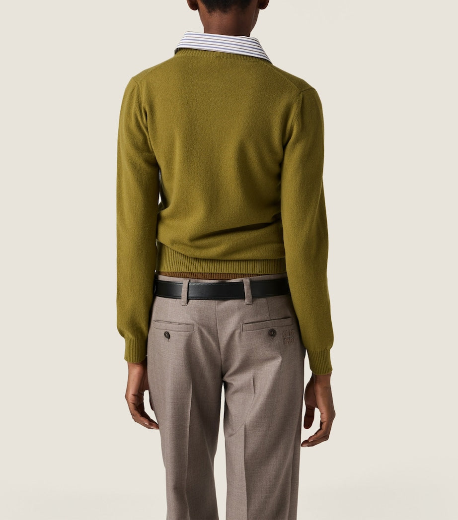 Green Cashmere Detachable-Collar Cardigan