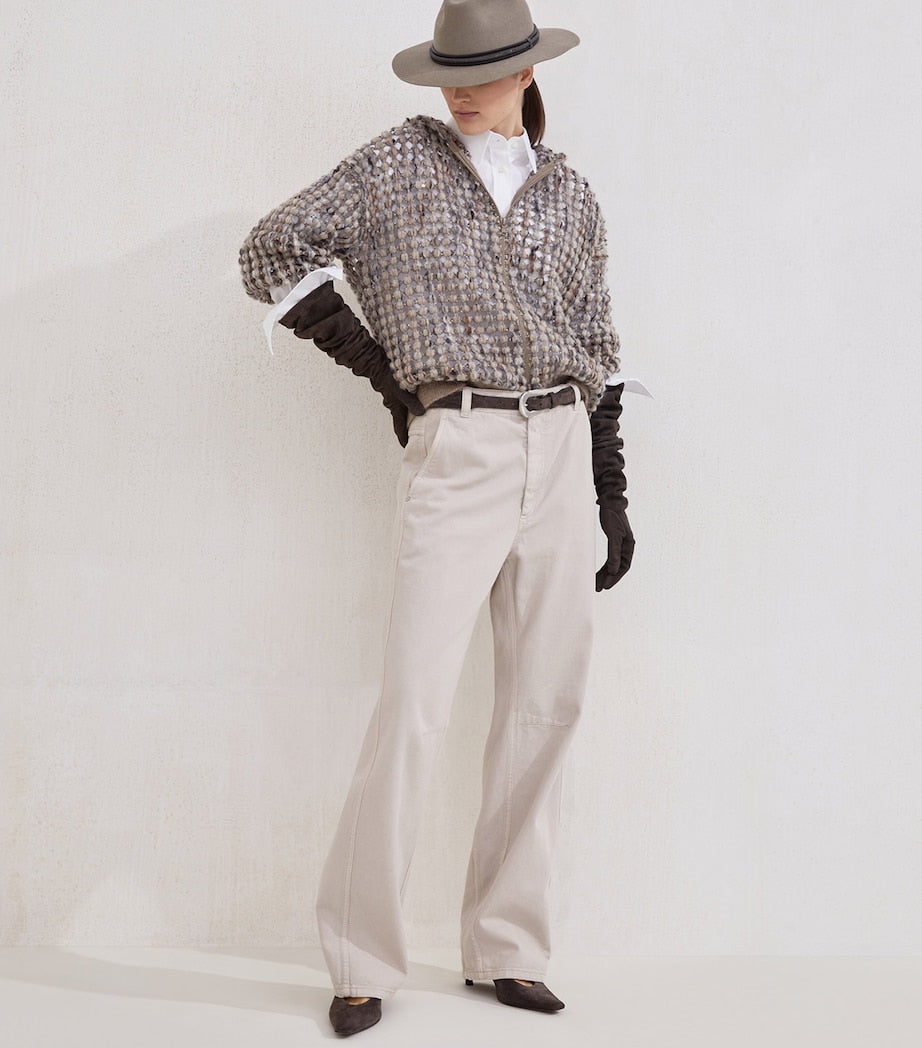 Brunello Cucinelli Black Net-Embroidered Zip-Up Hoodie