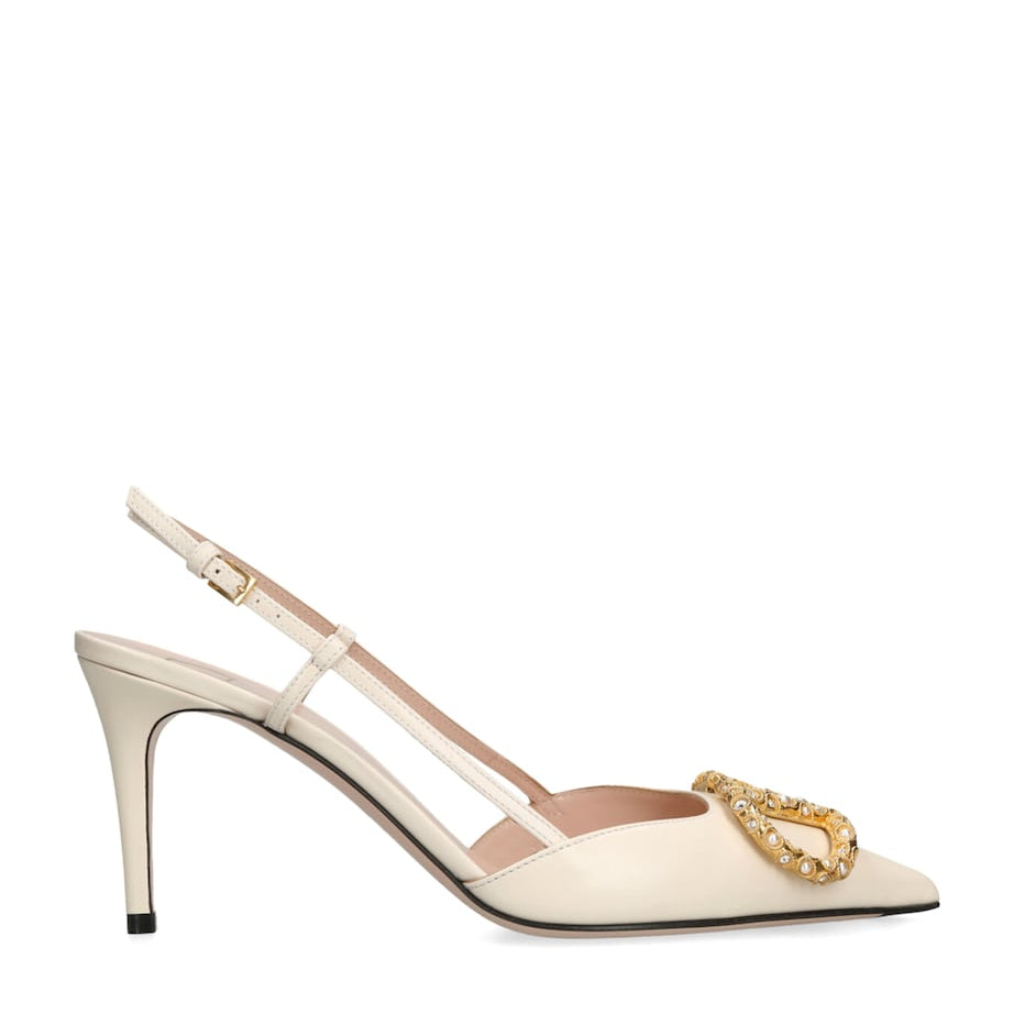 Valentino Garavani Beige Leather VLogo Slingback Pumps 80