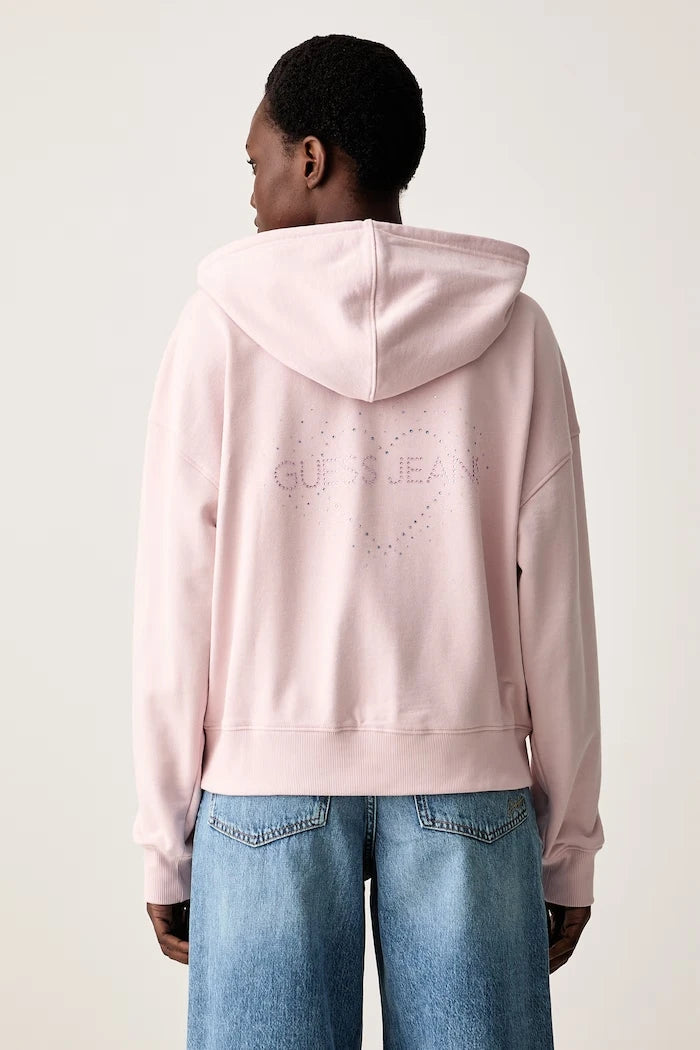 Guess Jeans fermuarlı kapüşonlu kadın pamuklu sweatshirt