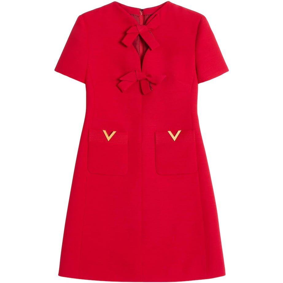 Valentino Red Virgin Wool-Silk Bow Mini Dress