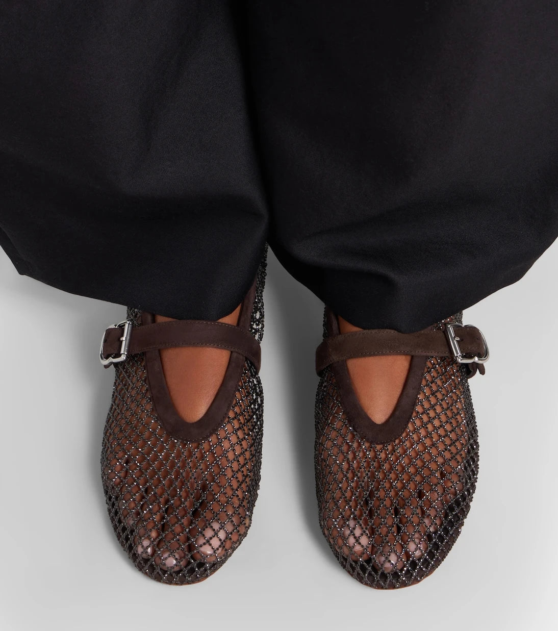 Alaïa - Embellished fishnet Mary Jane flats