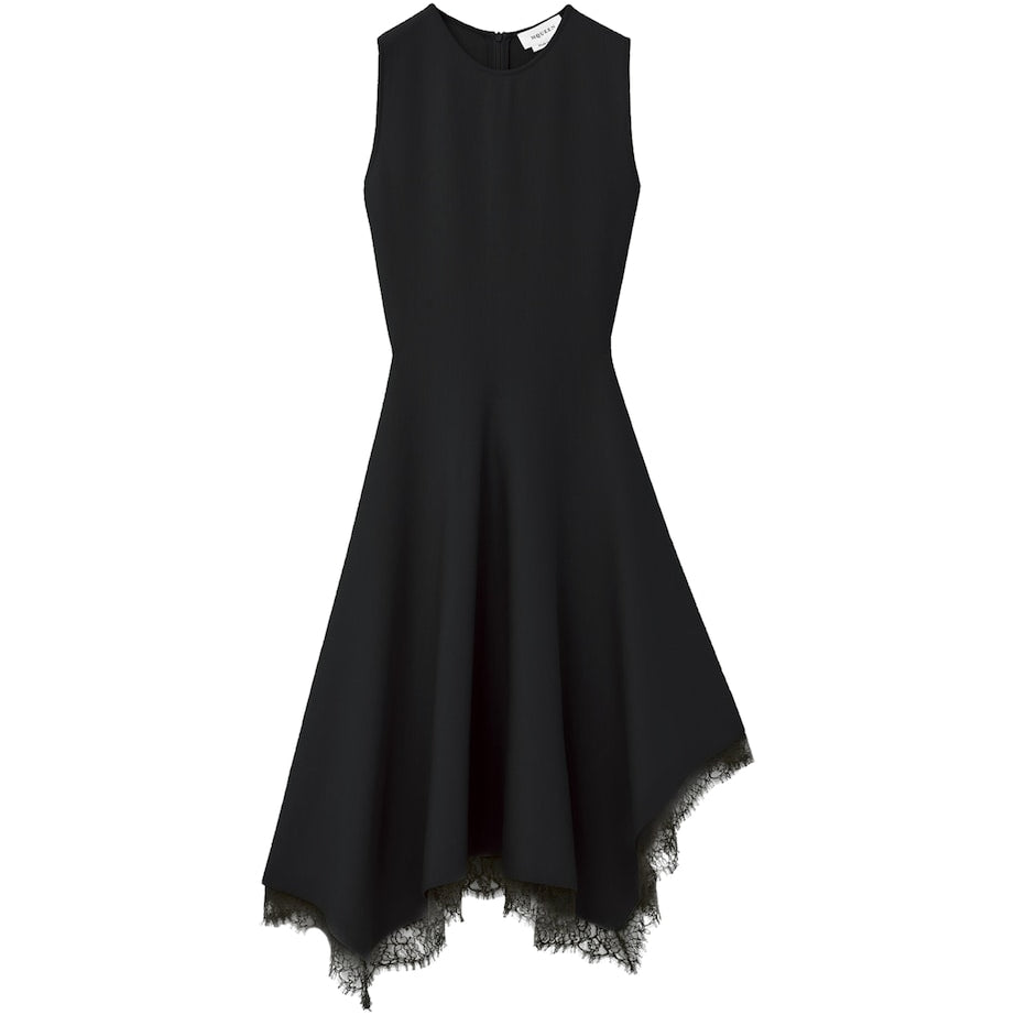 McQueen Black Lace-Trim Asymmetric Midi Dress