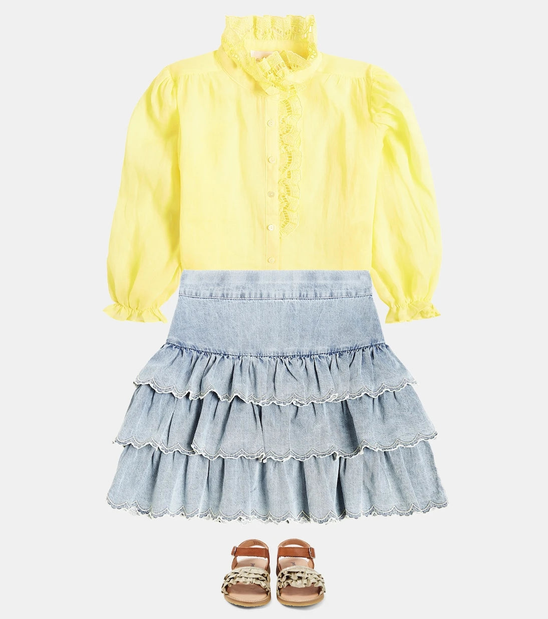 Petite Amalie - Ruffled embroidered cotton chambray skirt