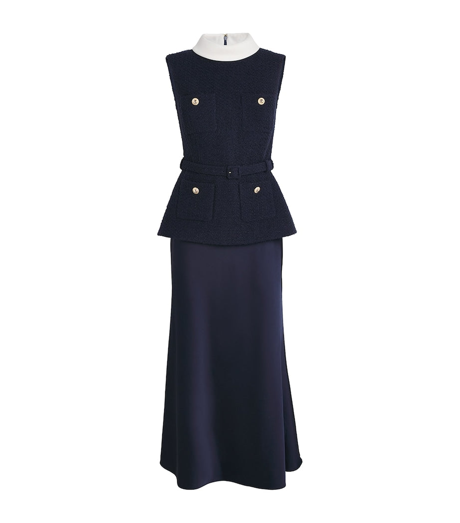 Self-Portrait Blue Bouclé-Satin Midi Dress