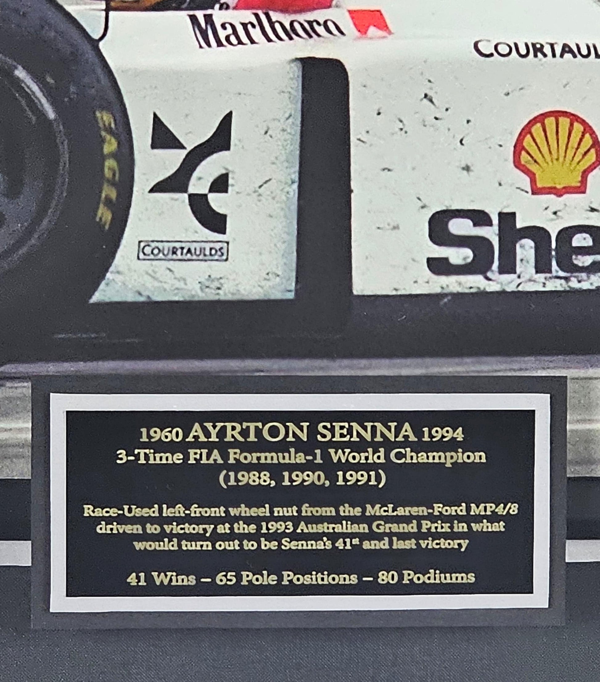 Ayrton Senna Race-Used 1993 Australian Grand Prix Wheelnut Framed Display