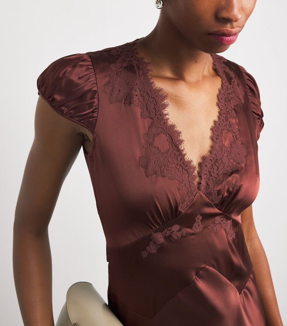 DÔEN Brown Silk-Lace Coraline Midi Dress