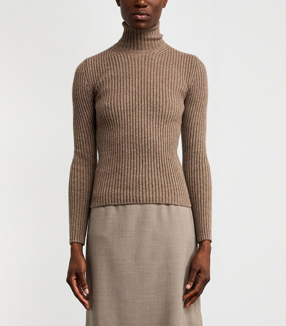 Max Mara Beige Wool-Blend Ribbed High-Neck Sweater