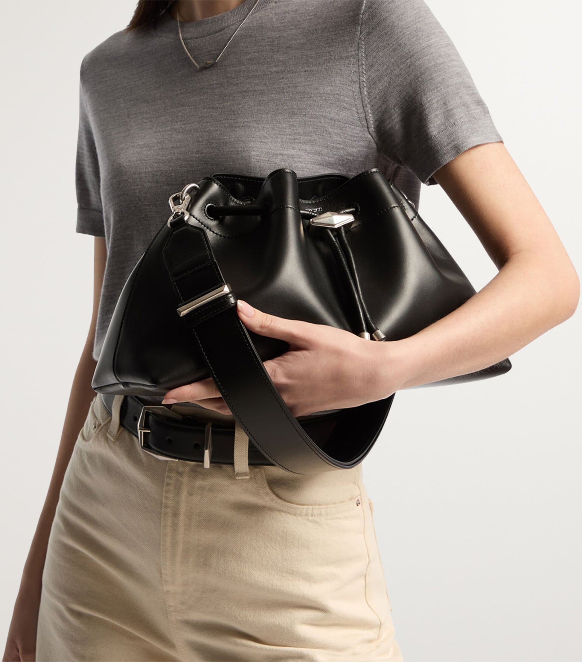 Jimmy Choo Black Medium Leather Cinch Bucket Bag