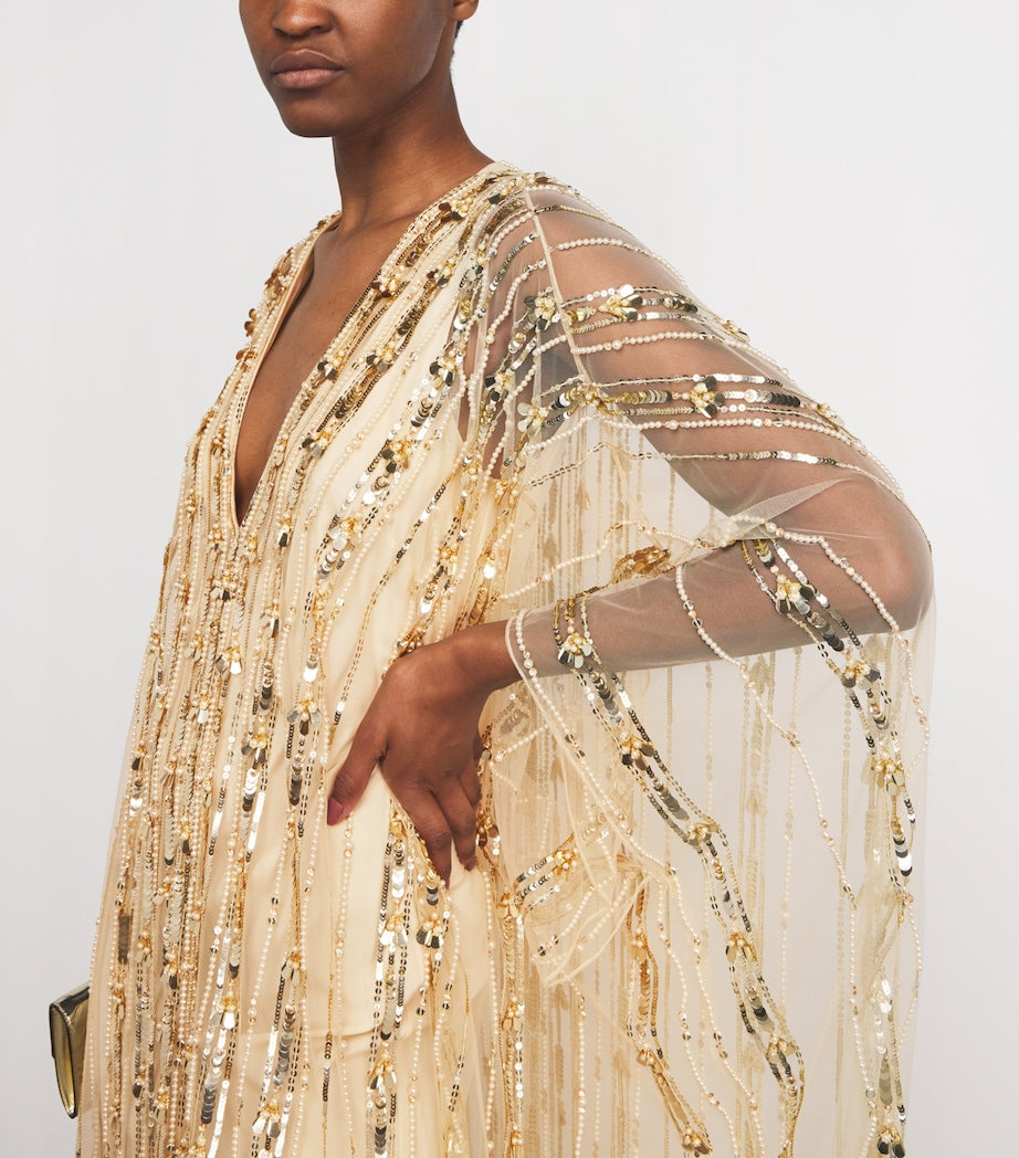 Pamella Roland Gold Tulle Embellished Kaftan Maxi Dress