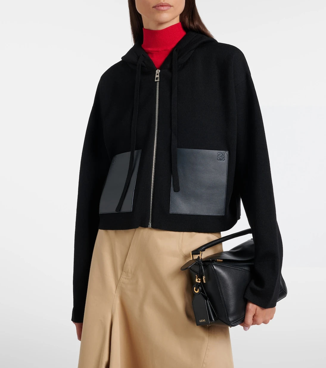 Loewe - Leather-trimmed wool hoodie
