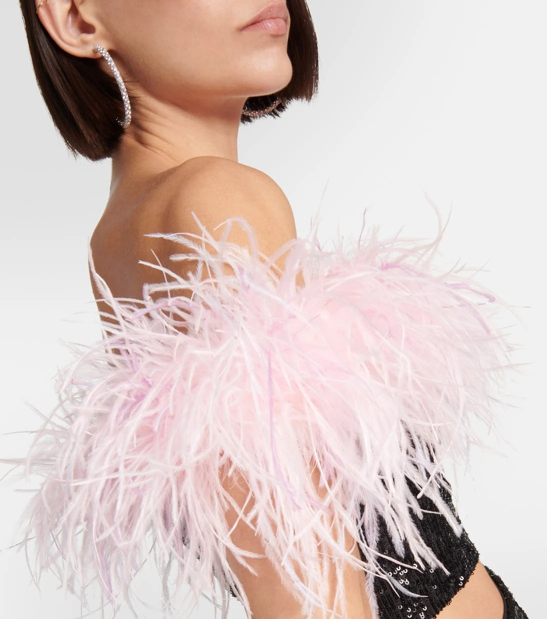 Self-Portrait - Feather-trimmed sequined crop top