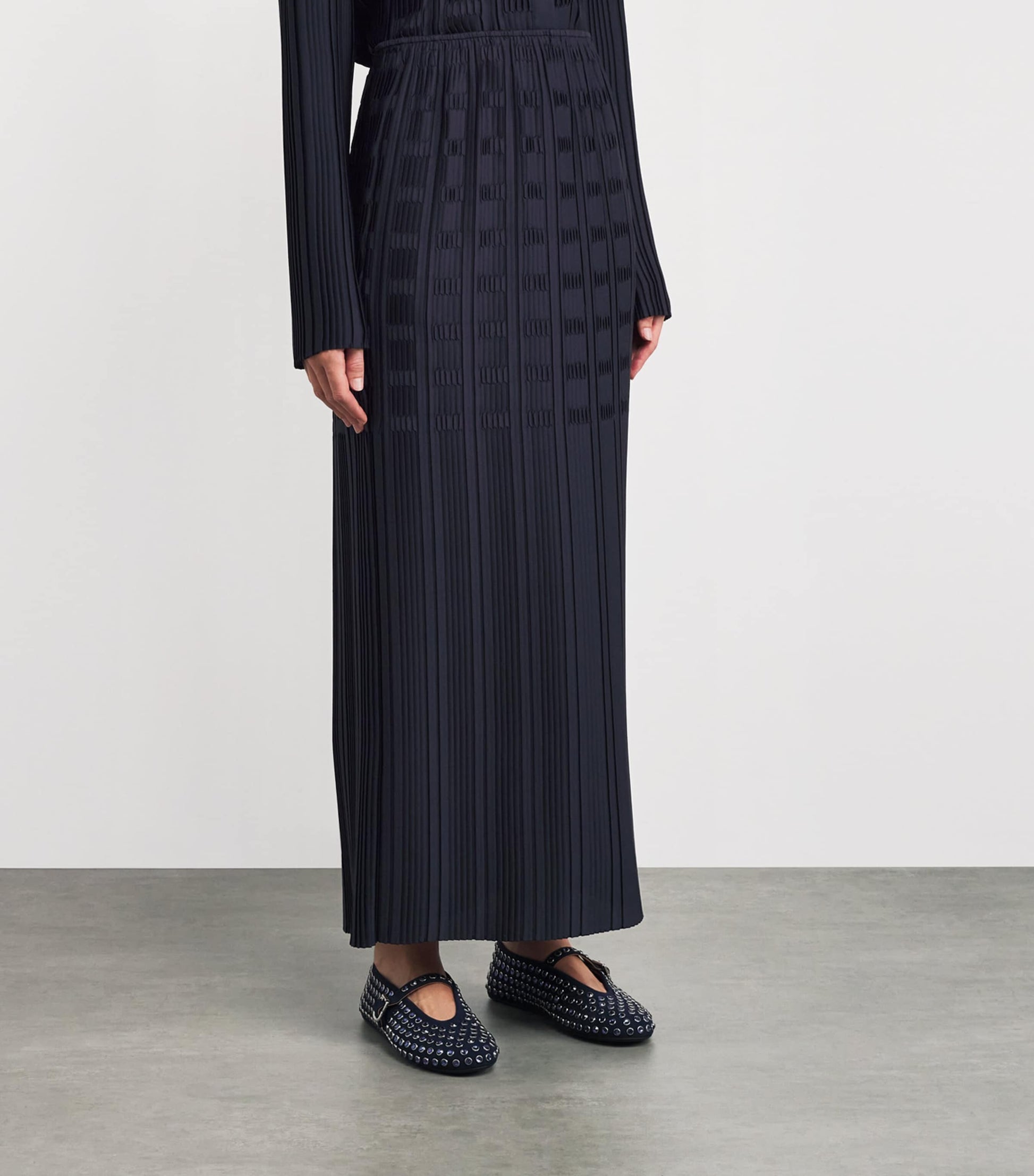 Navy Basketweave Plissé Midi Skirt