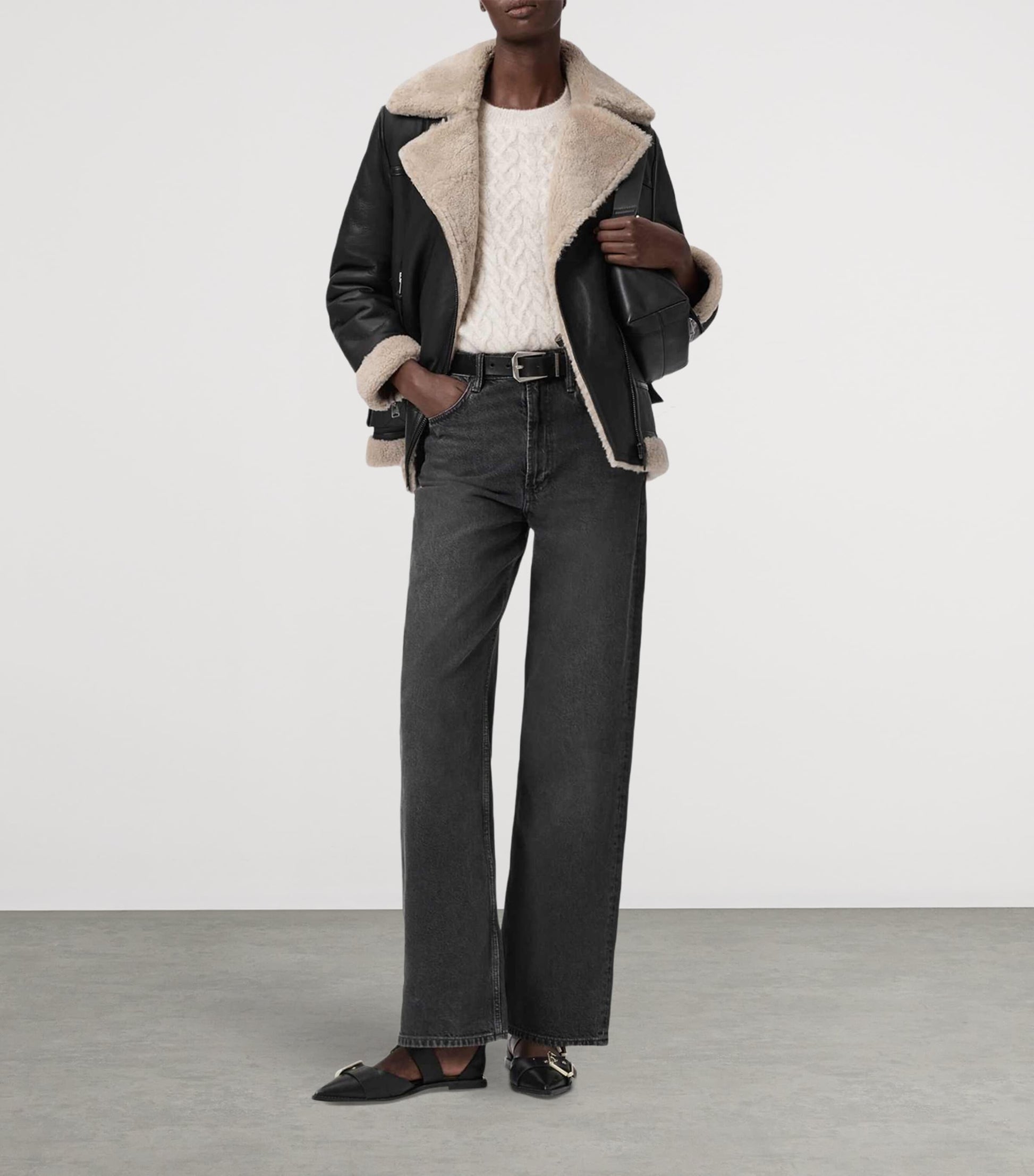 AllSaints Shearling Sola Leather Jacket BLACK/NATURAL