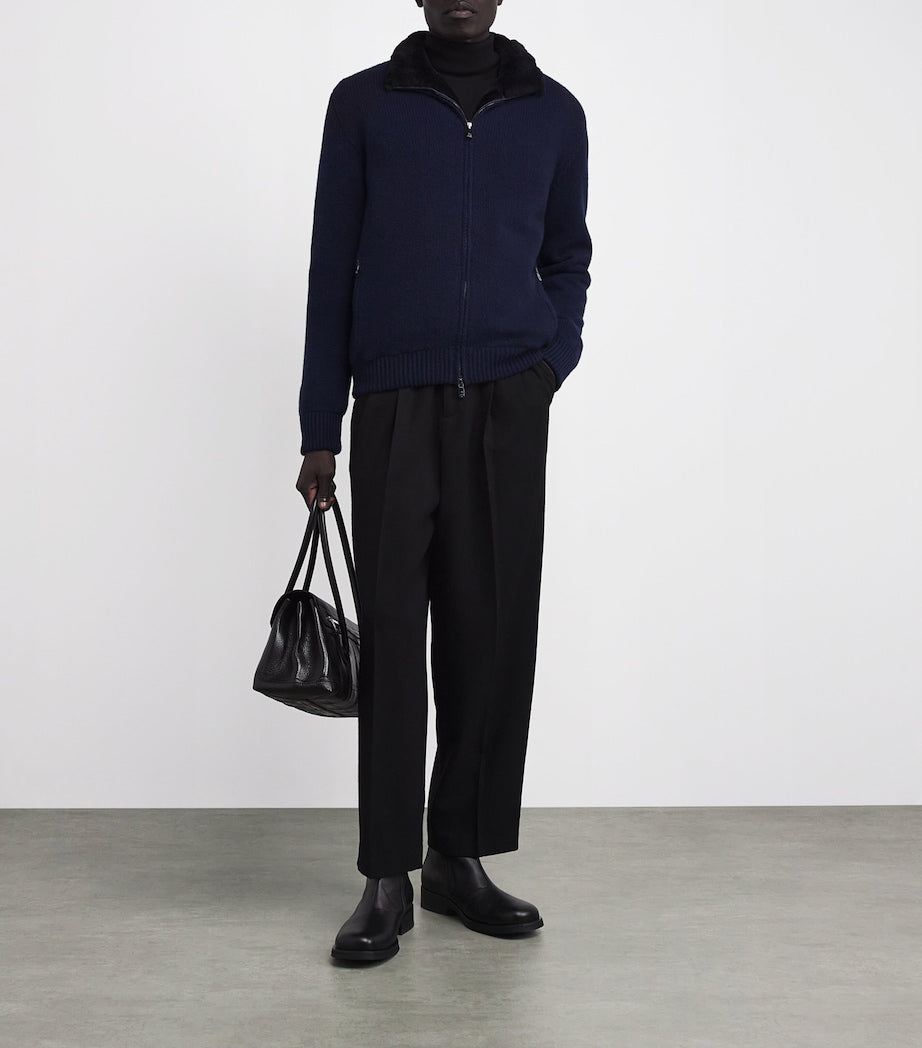 Cashmere Fur-Lined Zip-Up Cardigan